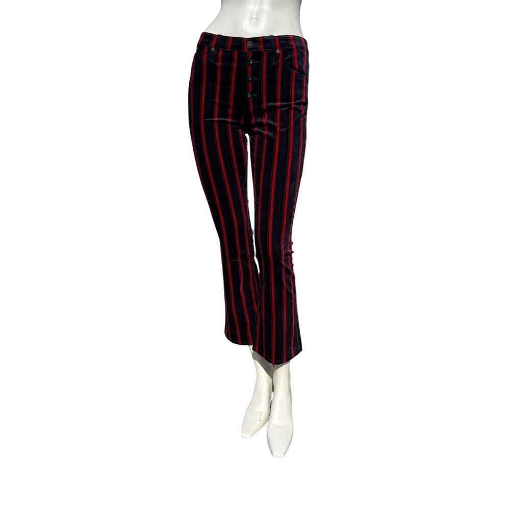 AG Jeans Jodi High Rise Slim Flare Crop Button Up Velvet Blue Green Red Striped